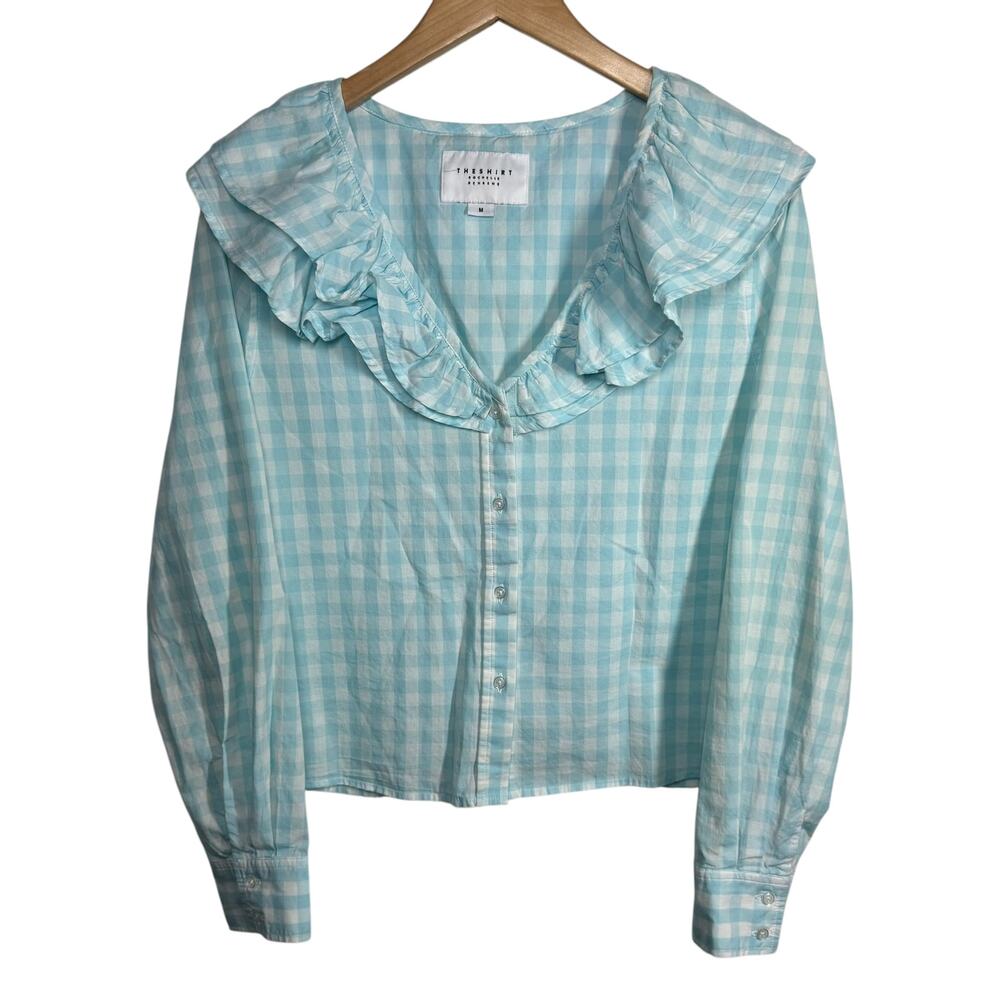 The Shirt Rochelle Behrens Top Women M Blue White Gingham Plaid Cottage Peasant
